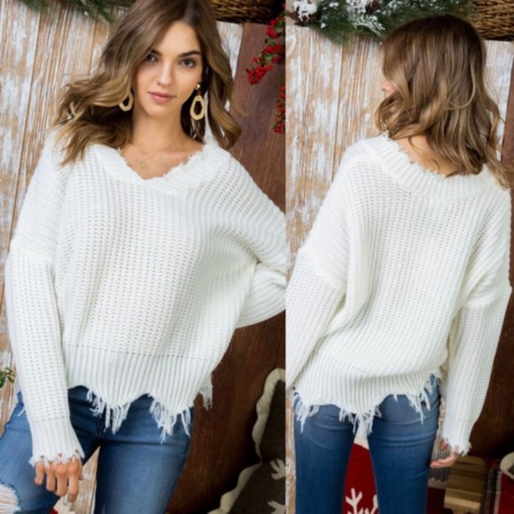 035 cozy v neck frayed hem distressed knit sweater - Picture 4 of 8